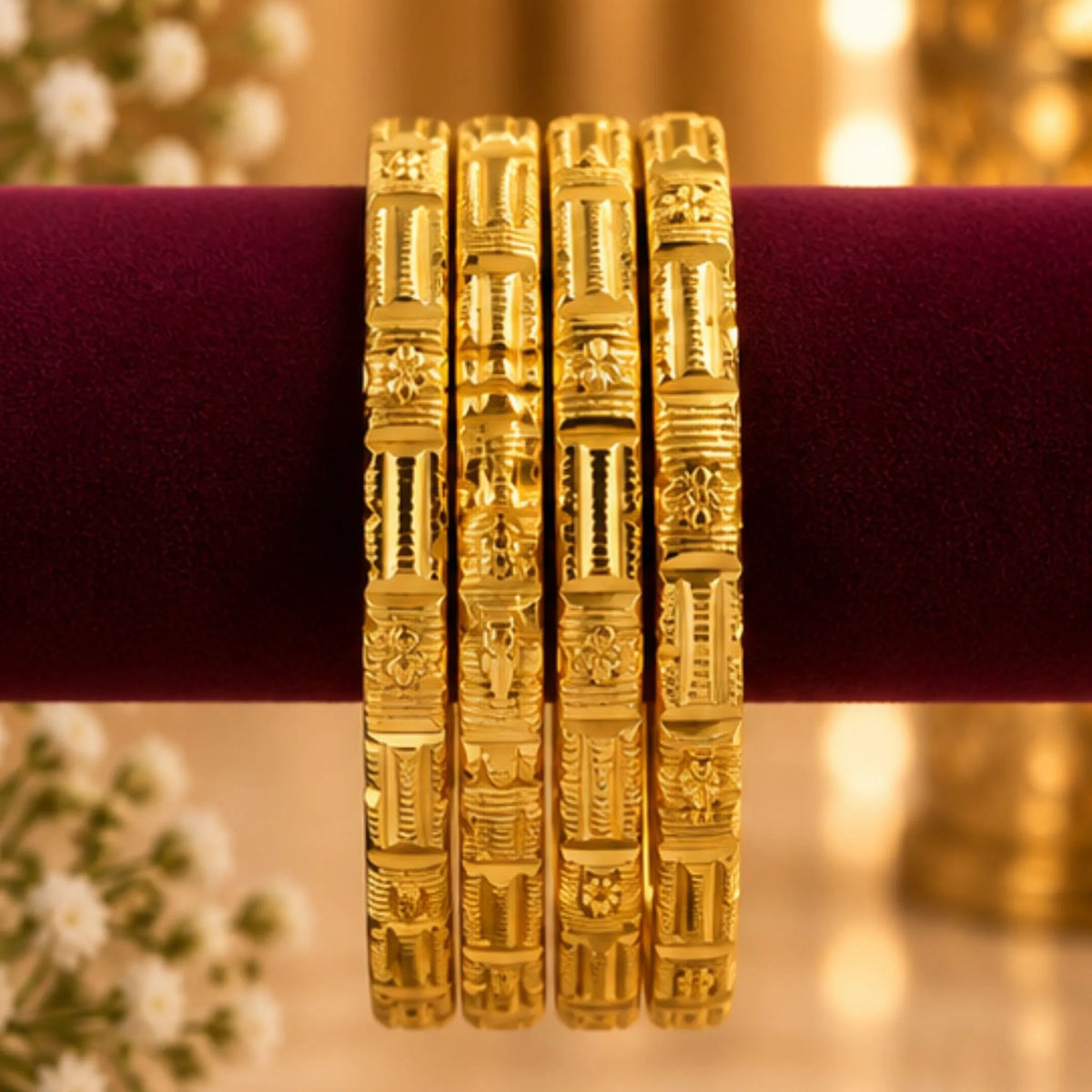 Elegant 4-Piece Gold Designer Bangles Set – Intricate Traditional Pattern