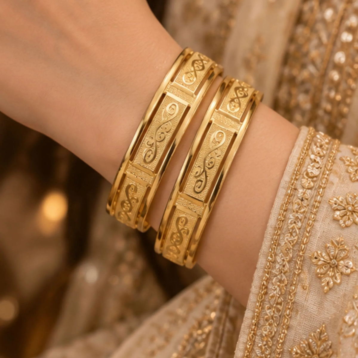 Gold-Tone Embossed Swirl Design Kada Bangles Set – Elegant Traditional Indian Jewellery
