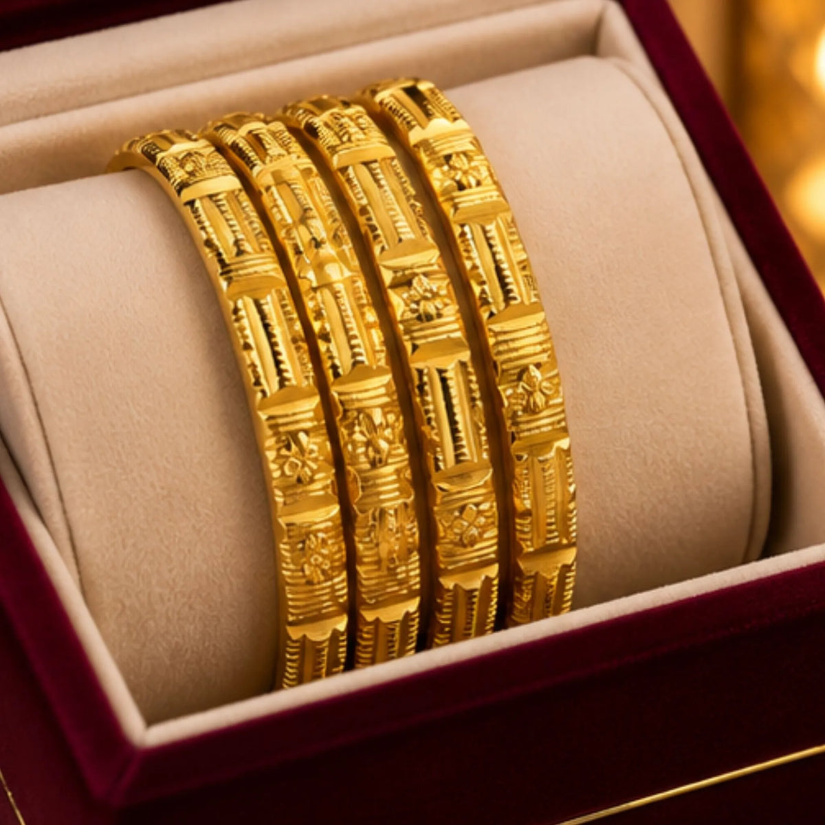 Elegant 4-Piece Gold Designer Bangles Set – Intricate Traditional Pattern
