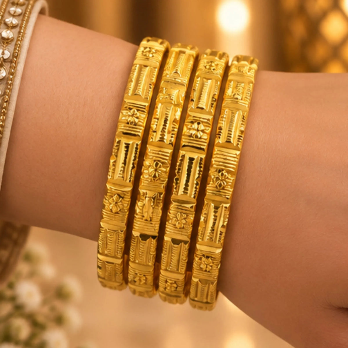 Premium 4-Piece Gold-Tone Geometric Designer Bangles – Traditional Textured Jewellery
