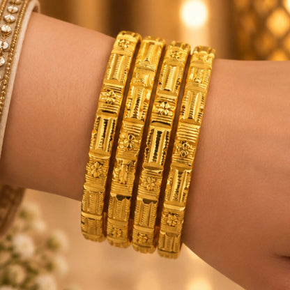 Premium 4-Piece Gold-Tone Geometric Designer Bangles – Traditional Textured Jewellery