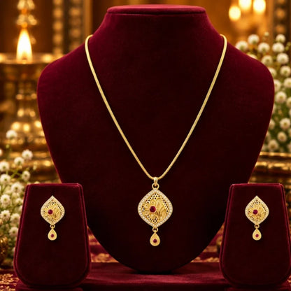 Gold Teardrop Floral Pendant Chain & Earrings Set
