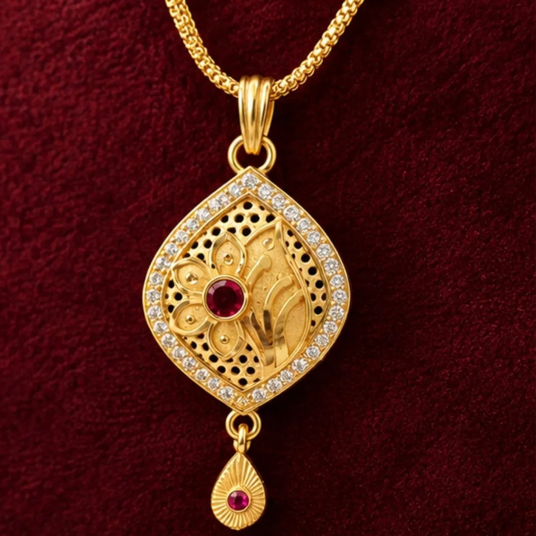 Gold Teardrop Floral Pendant Chain & Earrings Set