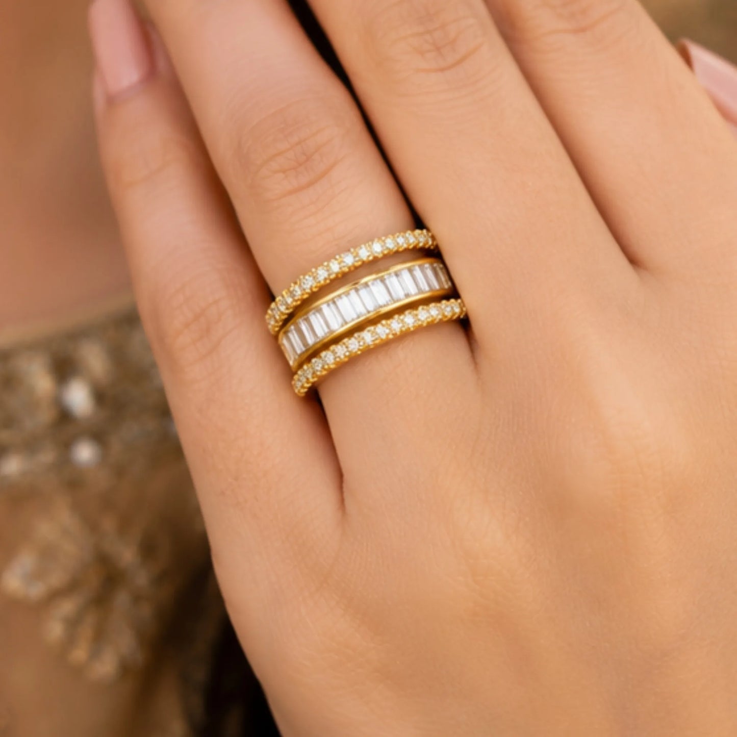 Golden Mixed-Cut Illusion Stack Ring