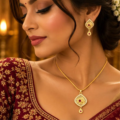 Gold Teardrop Floral Pendant Chain & Earrings Set