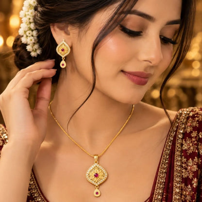 Gold Teardrop Floral Pendant Chain & Earrings Set