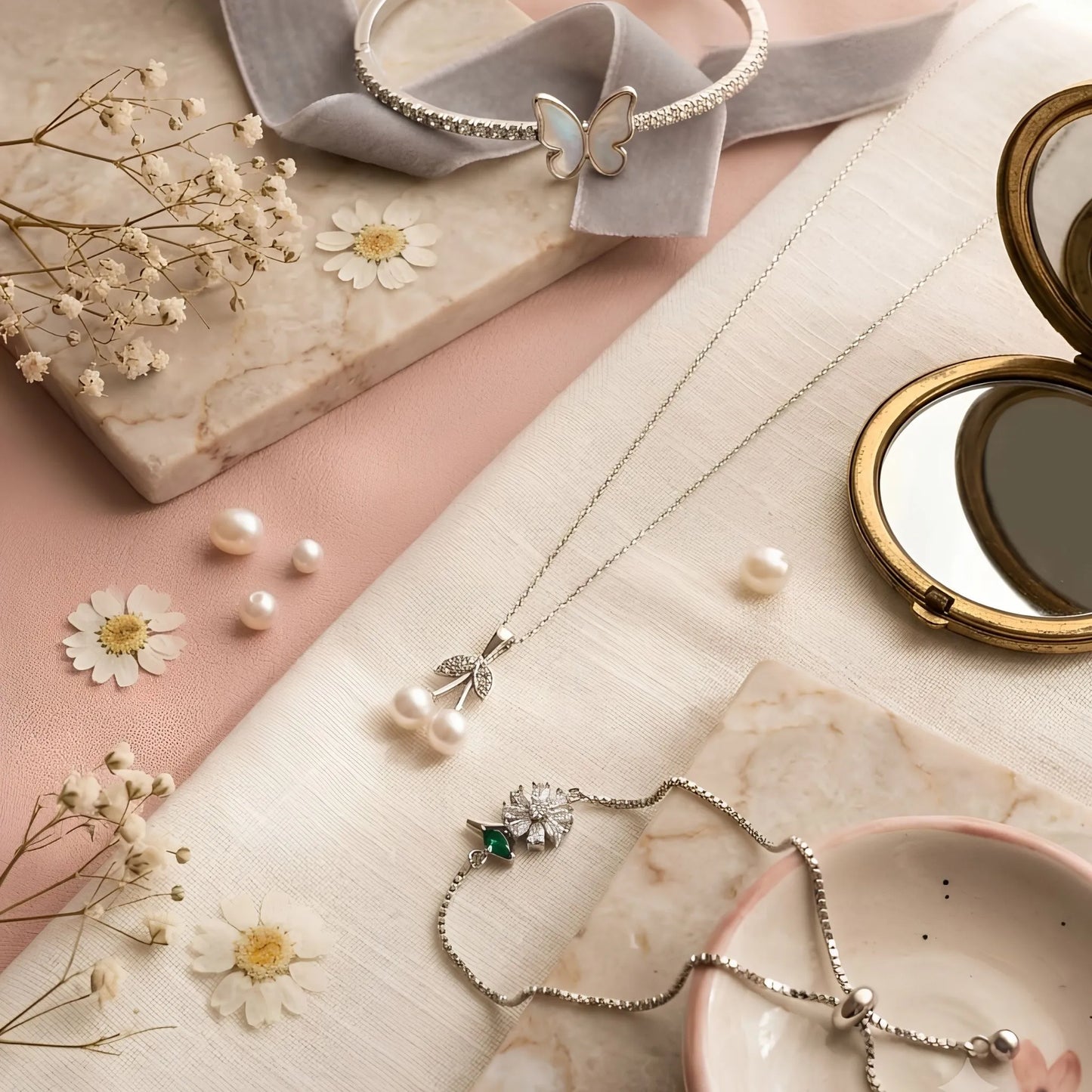 Kids' Silver Butterfly & Cherry Jewellery Gift Set – Necklace, Crystal Bracelet & Butterfly Bangle
