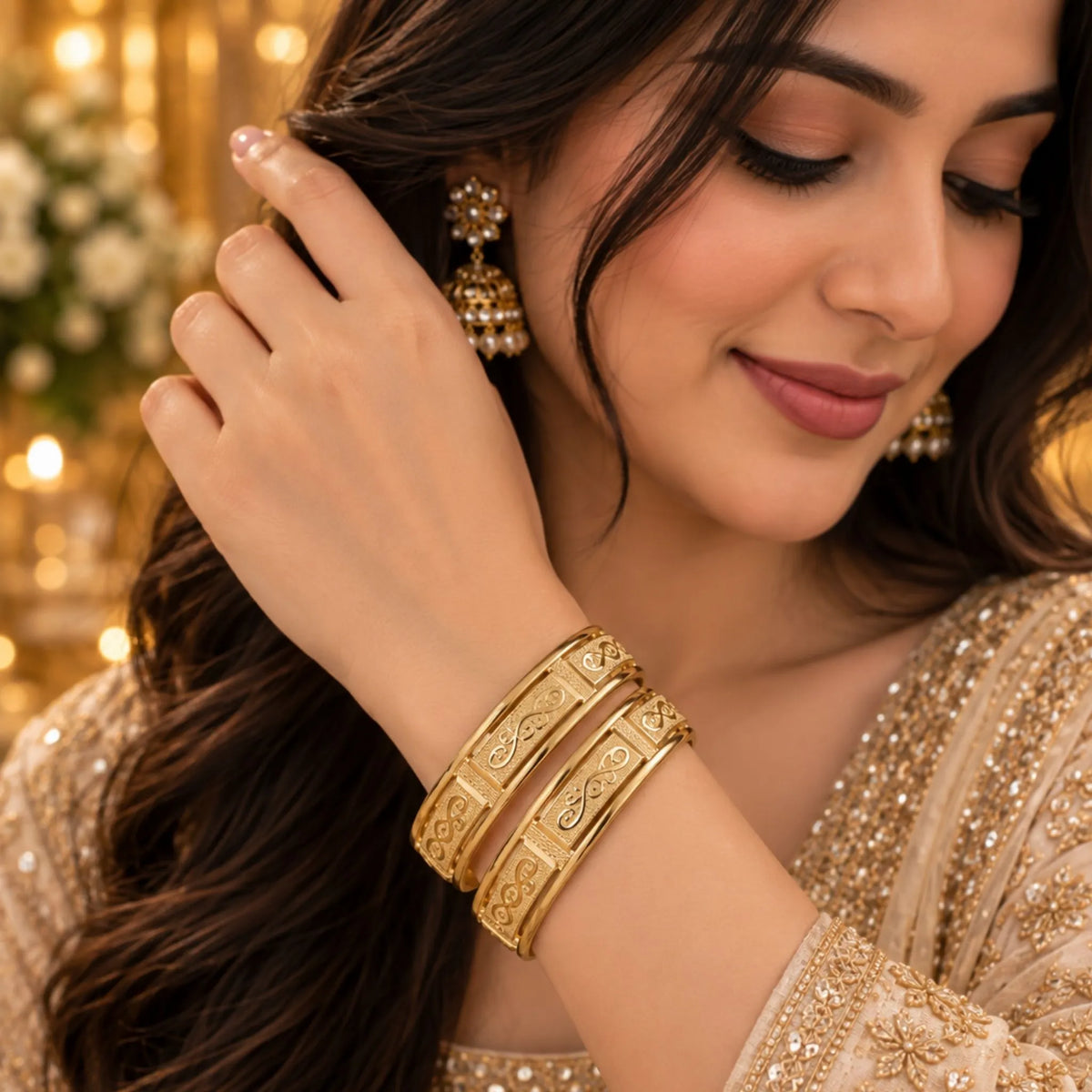 Gold-Tone Embossed Swirl Design Kada Bangles Set – Elegant Traditional Indian Jewellery