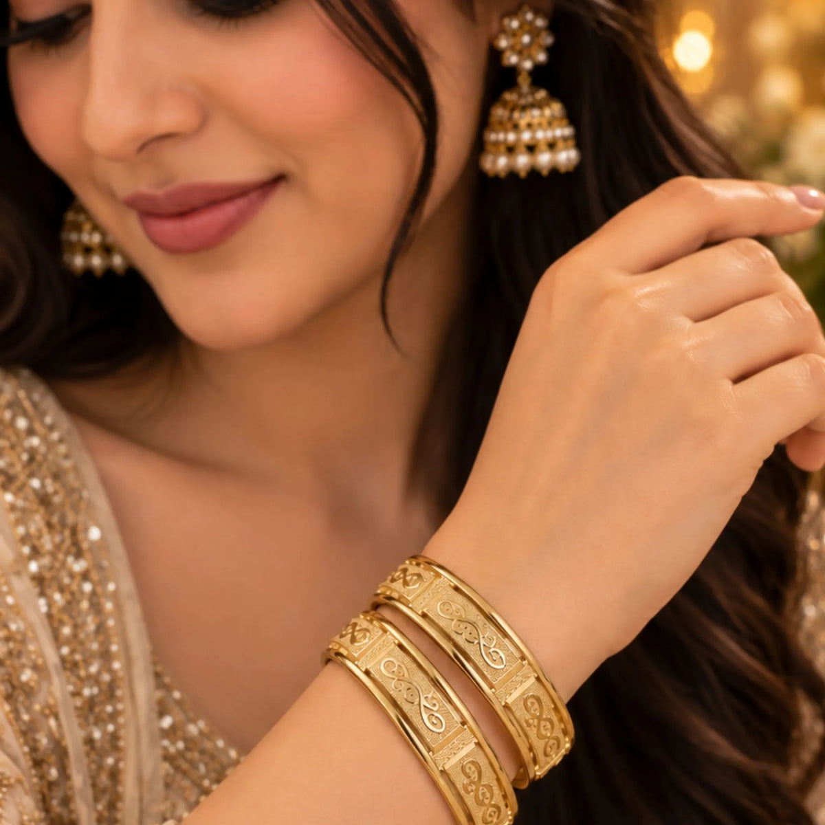 Gold-Tone Embossed Swirl Design Kada Bangles Set – Elegant Traditional Indian Jewellery
