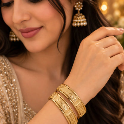 Gold-Tone Embossed Swirl Design Kada Bangles Set – Elegant Traditional Indian Jewellery