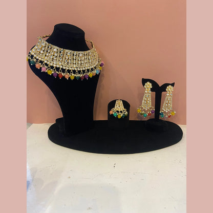 Multicolor Stone Choker Necklace Set with Earrings & Maang Tikka