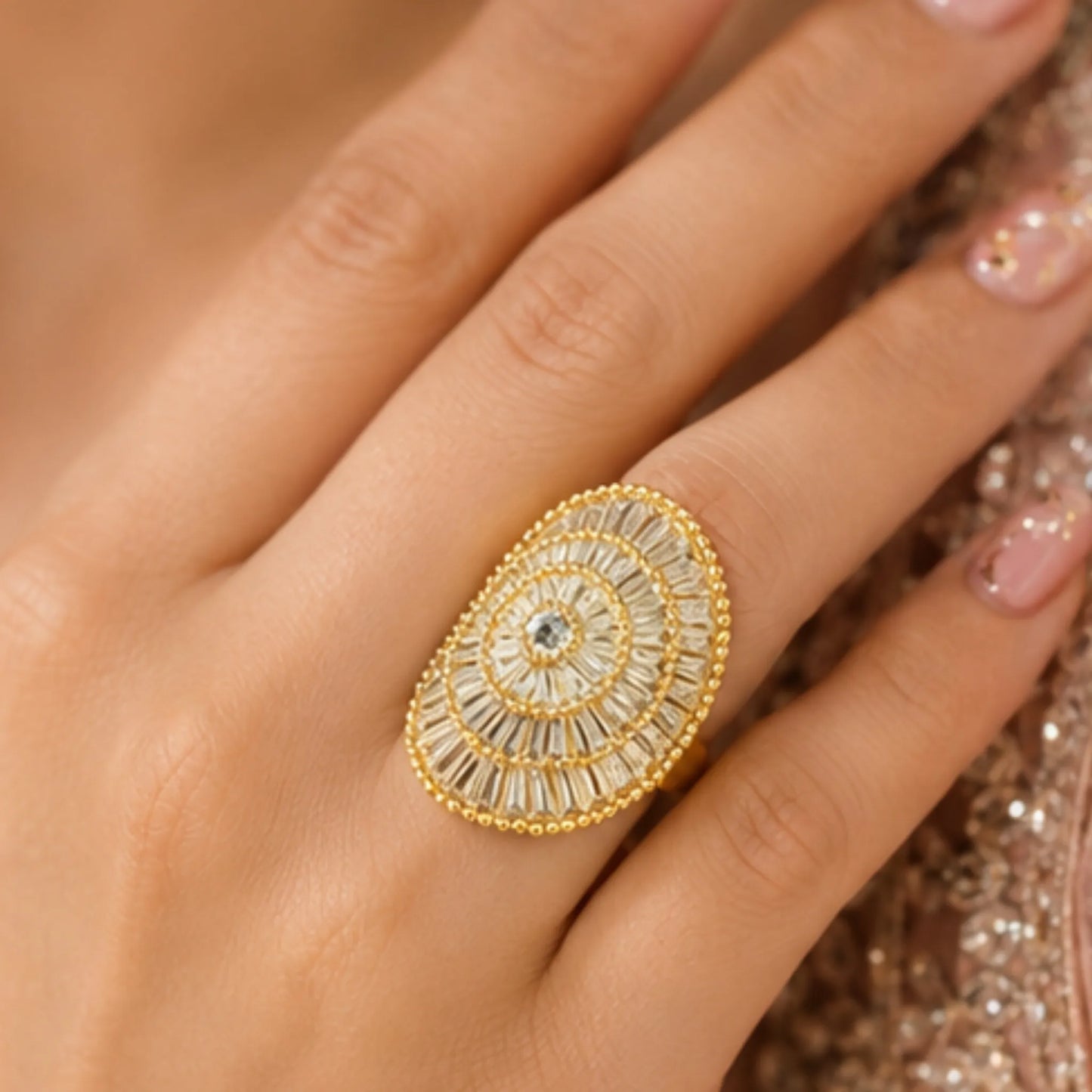Golden Baguette Tiered Statement Ring