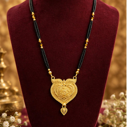 Traditional Gold-Tone Heart Pendant Mangalsutra with Black Beaded Chain – Designer Bridal Jewellery