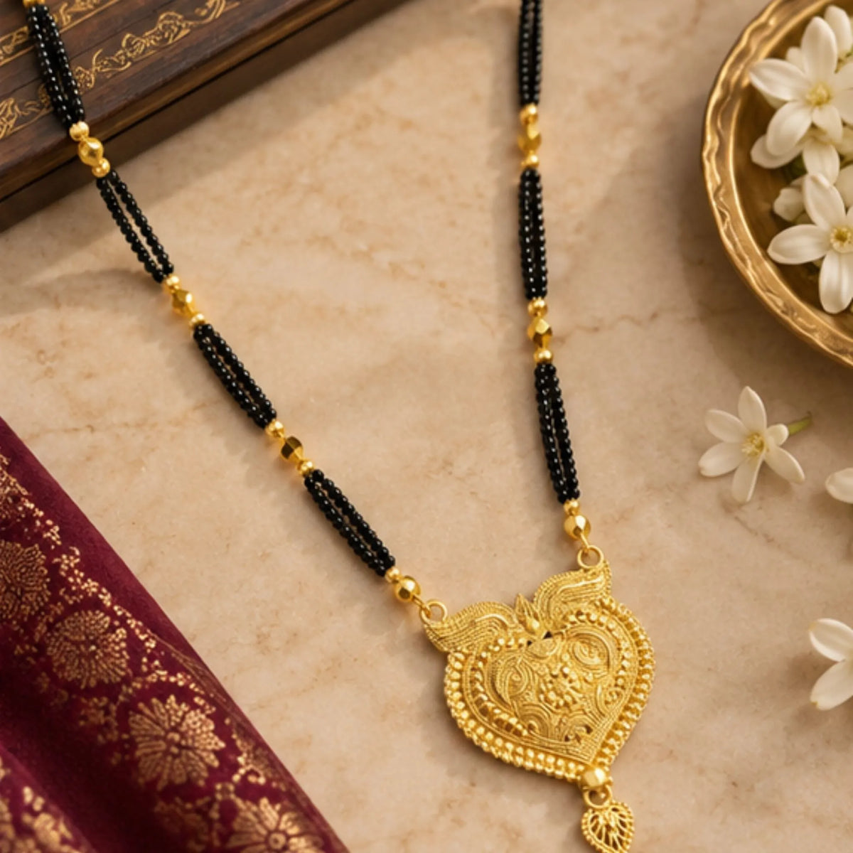 Traditional Gold-Tone Heart Pendant Mangalsutra with Black Beaded Chain – Designer Bridal Jewellery