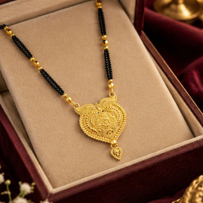 Traditional Gold-Tone Heart Pendant Mangalsutra with Black Beaded Chain – Designer Bridal Jewellery