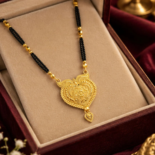 Traditional Gold-Tone Heart Pendant Mangalsutra with Black Beaded Chain – Designer Bridal Jewellery