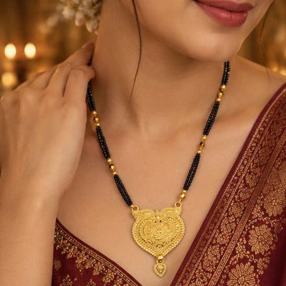 Traditional Gold-Tone Heart Pendant Mangalsutra with Black Beaded Chain – Designer Bridal Jewellery