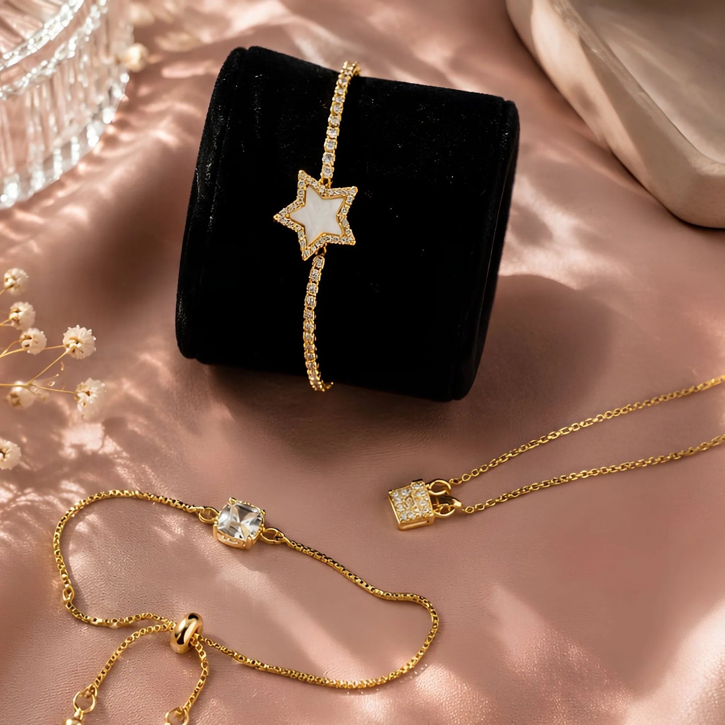 Kids' Gold Star Jewellery Gift Set – Star Bangle, Crystal Pendant Necklace & Adjustable Bracelet