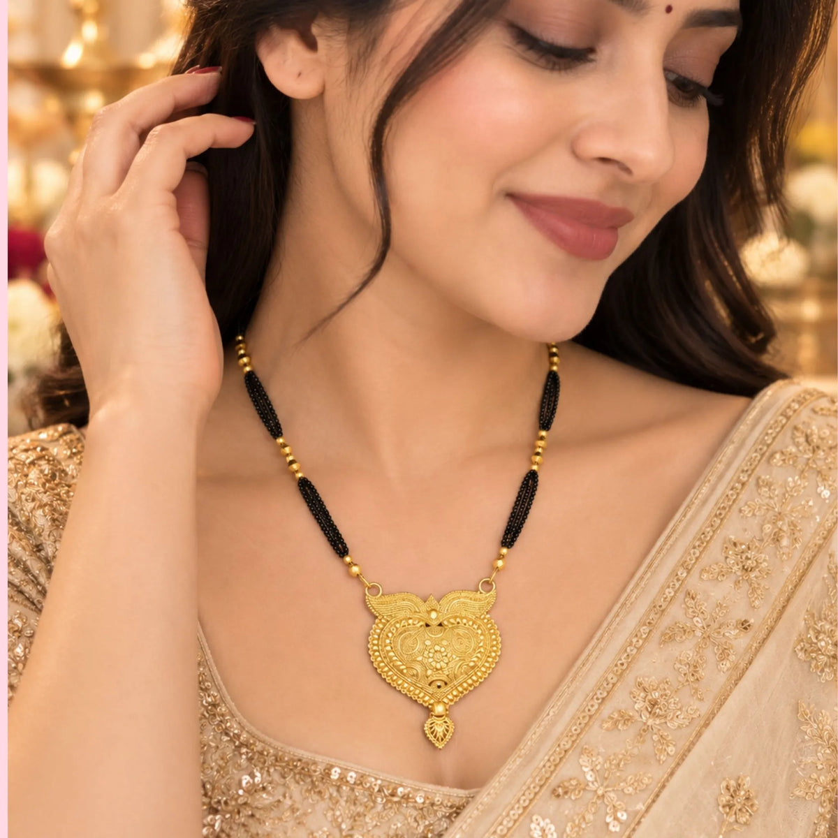 Traditional Gold-Tone Heart Pendant Mangalsutra with Black Beaded Chain – Designer Bridal Jewellery