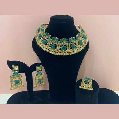 Green Emerald Stone Choker Necklace Set with Earrings & Maang Tikka