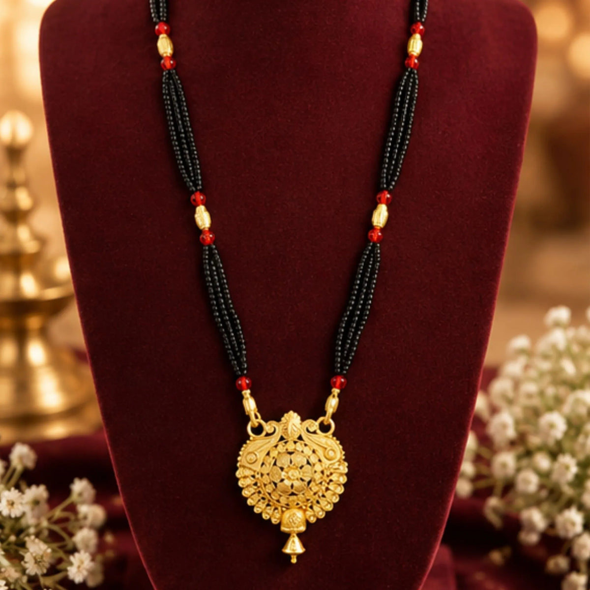 Gold-Tone Round Floral Pendant Mangalsutra with Black Beaded Chain & Red Accents