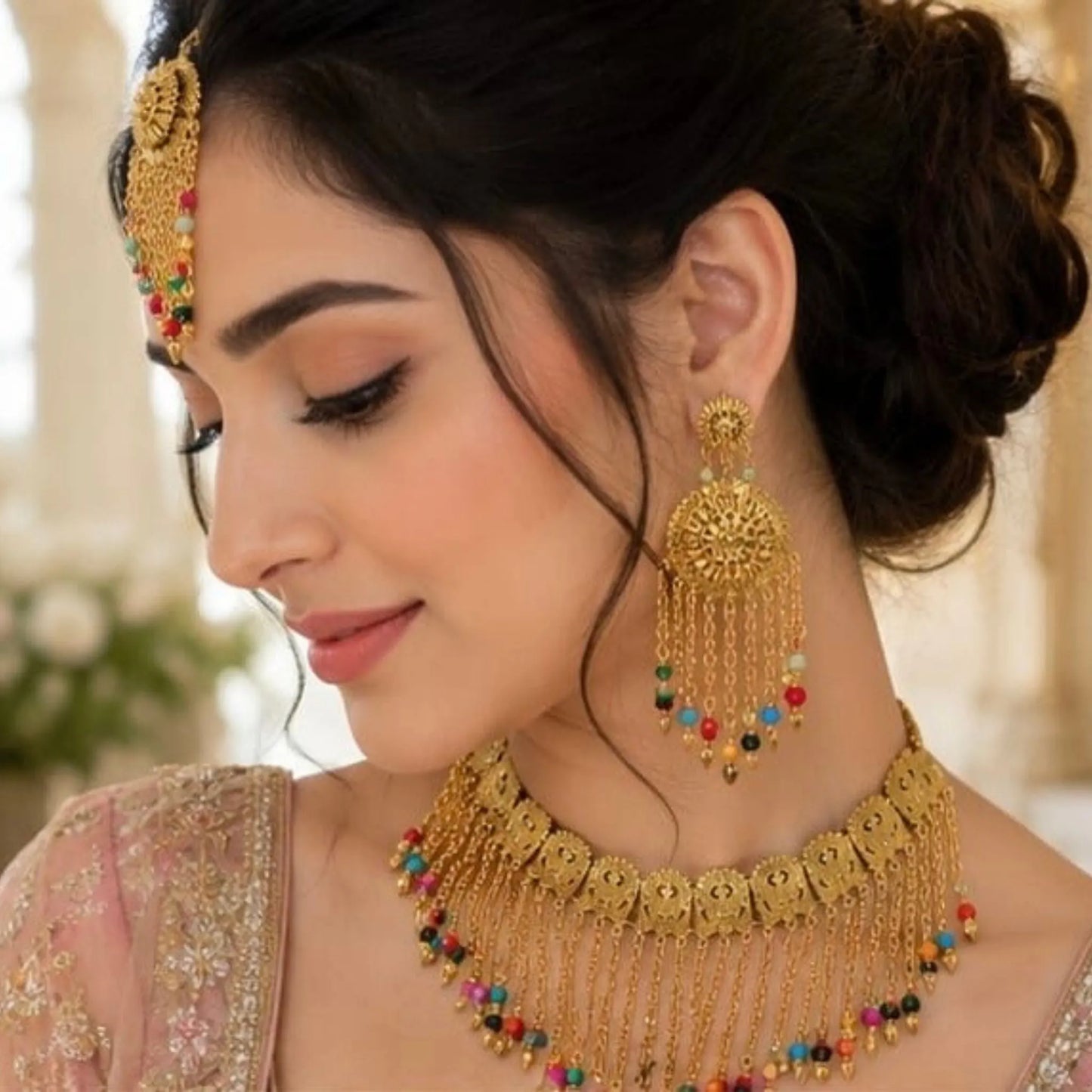 Kundan-Style Gold Bead Tassel Necklace and Earring Set with Maang Tikka - Multi-Color