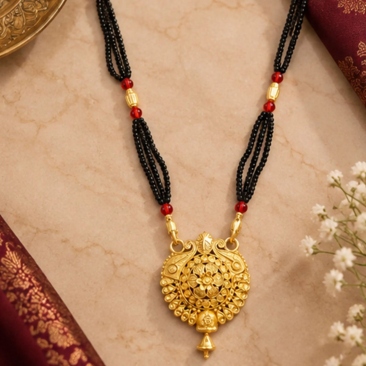 Gold-Tone Round Floral Pendant Mangalsutra with Black Beaded Chain & Red Accents