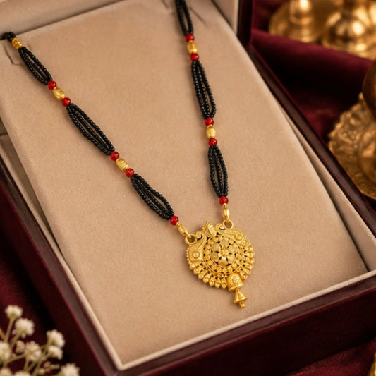 Gold-Tone Round Floral Pendant Mangalsutra with Black Beaded Chain & Red Accents