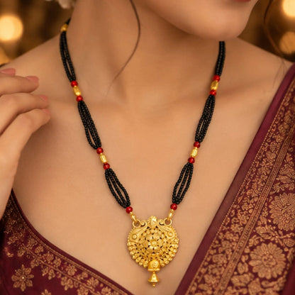 Gold-Tone Round Floral Pendant Mangalsutra with Black Beaded Chain & Red Accents