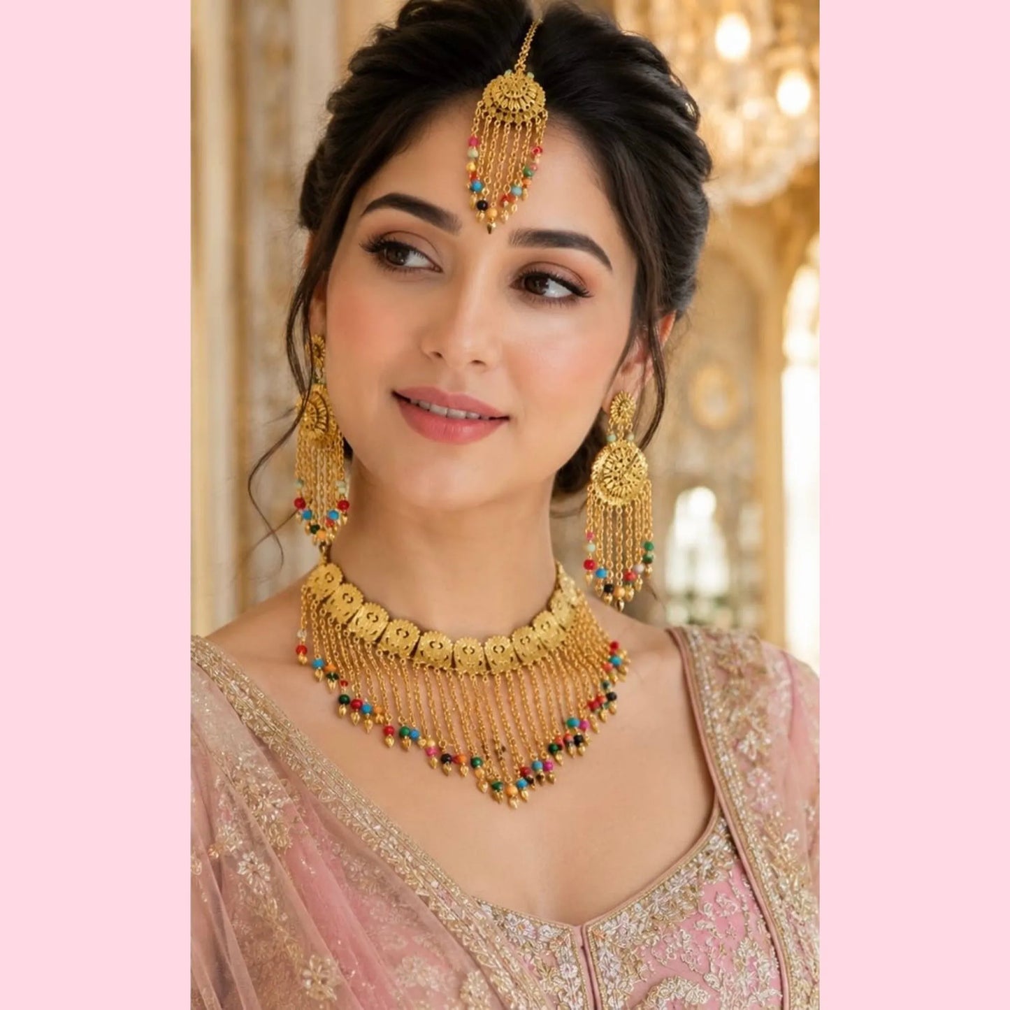 Kundan-Style Gold Bead Tassel Necklace and Earring Set with Maang Tikka - Multi-Color