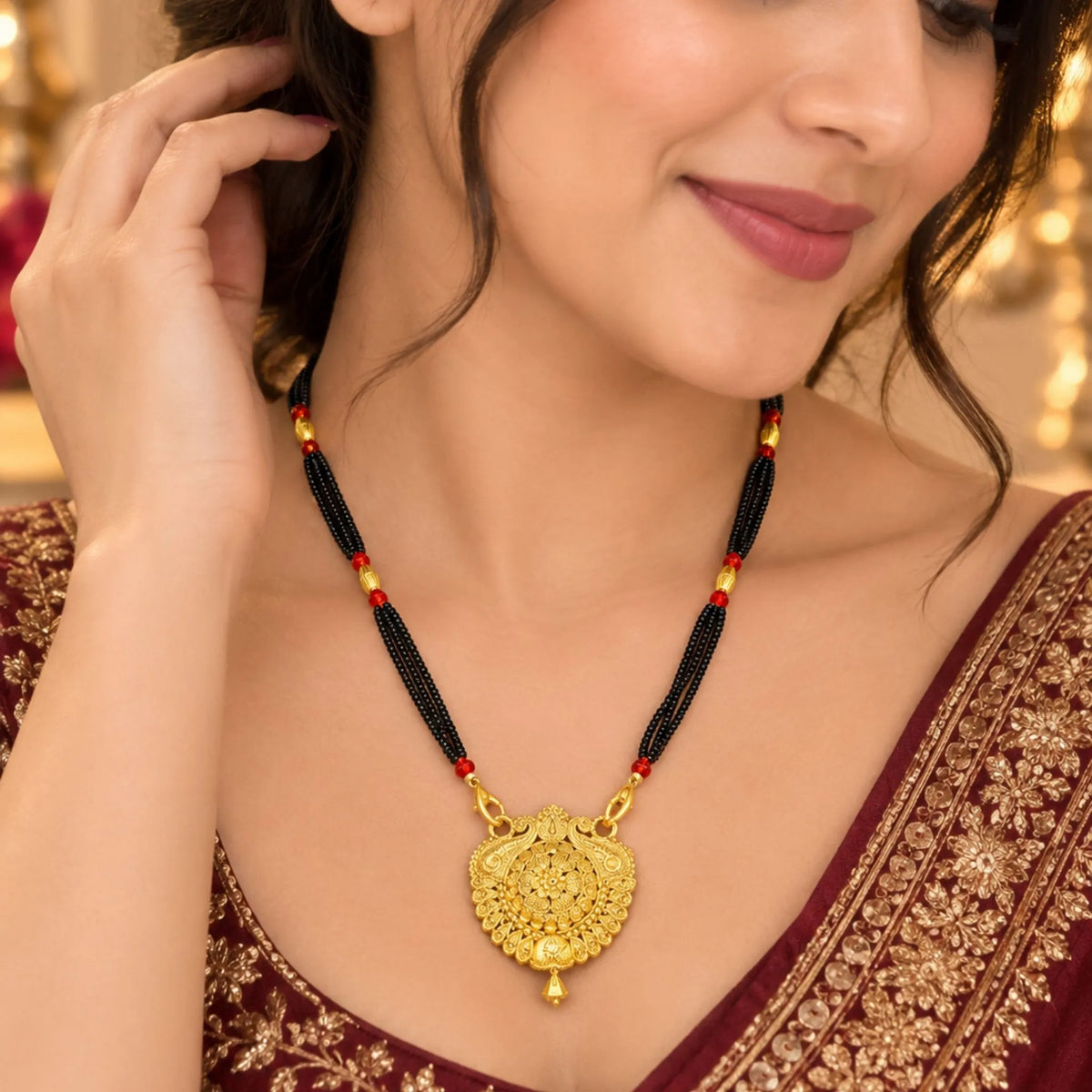 Gold-Tone Round Floral Pendant Mangalsutra with Black Beaded Chain & Red Accents