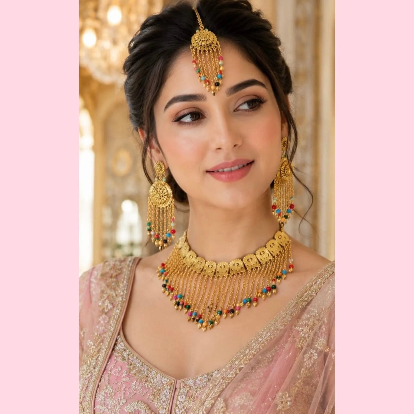 Kundan-Style Gold Bead Tassel Necklace and Earring Set with Maang Tikka - Multi-Color