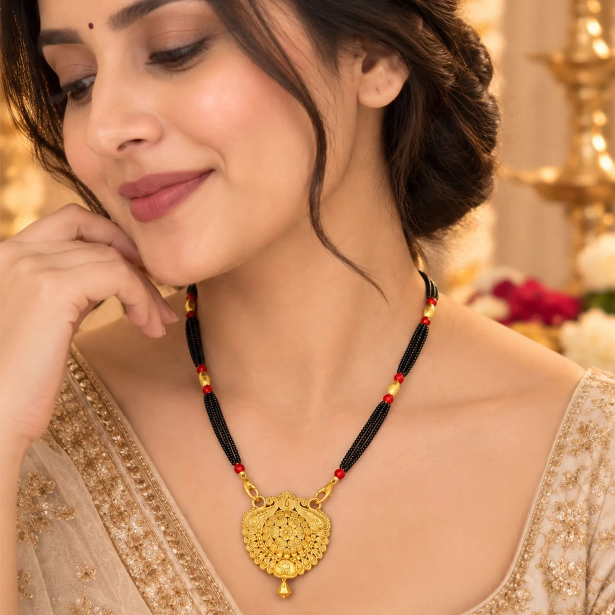 Gold-Tone Round Floral Pendant Mangalsutra with Black Beaded Chain & Red Accents