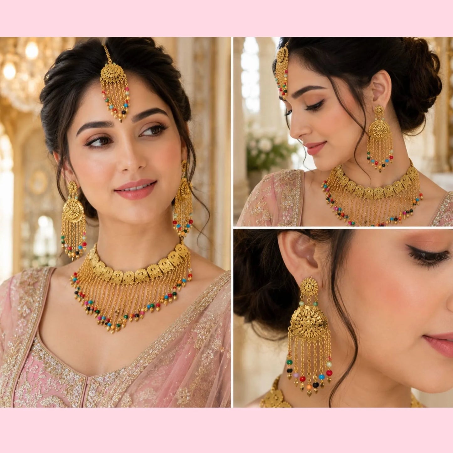 Kundan-Style Gold Bead Tassel Necklace and Earring Set with Maang Tikka - Multi-Color