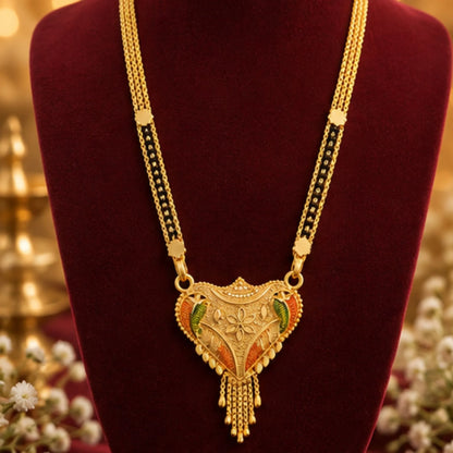 Gold Mangalsutra with Traditional Leaf-Detail Pendant & Black Beaded Chain