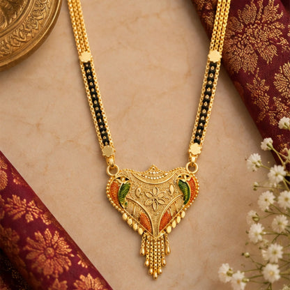 Gold Mangalsutra with Traditional Leaf-Detail Pendant & Black Beaded Chain