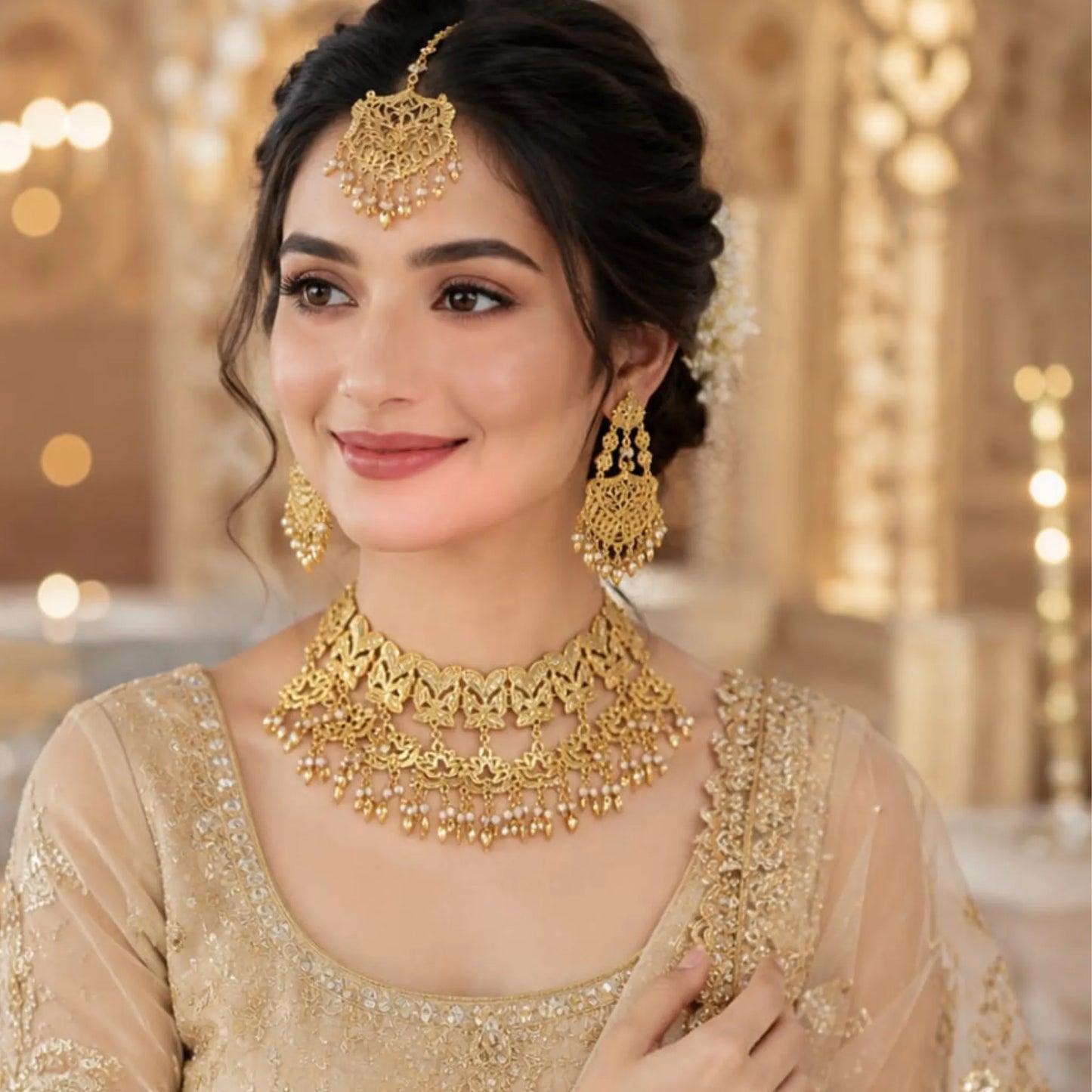Golden Artisan Floral Filigree Necklace Set