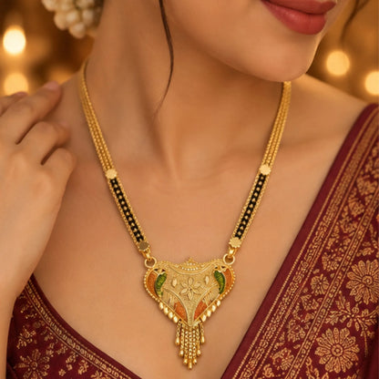 Gold Mangalsutra with Traditional Leaf-Detail Pendant & Black Beaded Chain