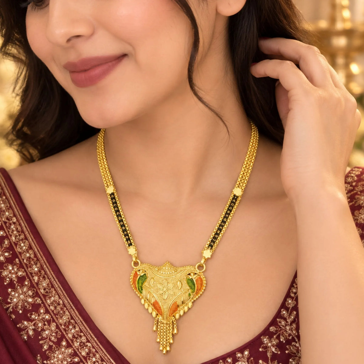 Gold Mangalsutra with Traditional Leaf-Detail Pendant & Black Beaded Chain