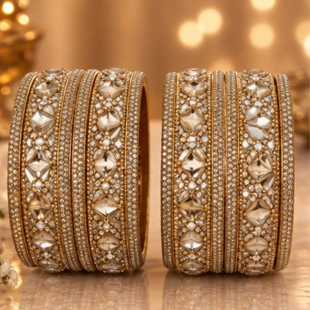 Gold Kundan Style Pearl Stone Kada Bangles