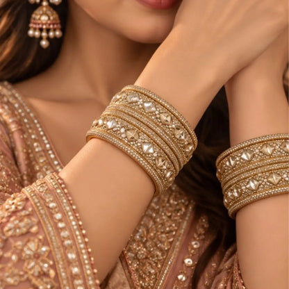 Gold Kundan Style Pearl Stone Kada Bangles