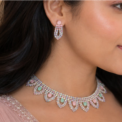 Pastel Sparkle Choker Set with Matching Earrings