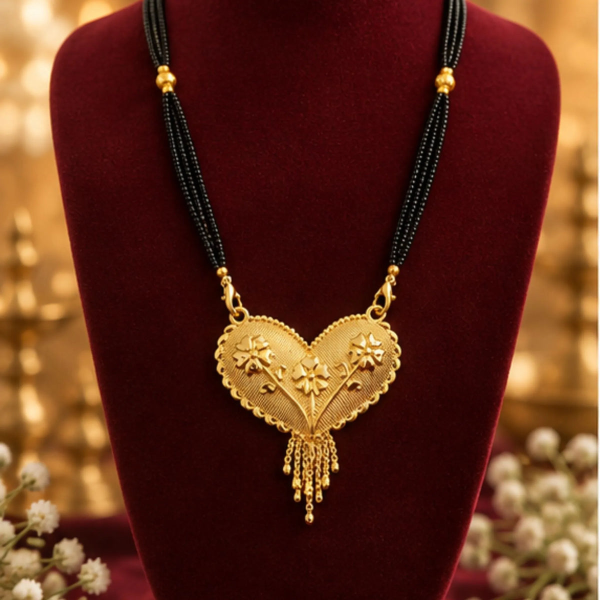 Traditional Gold Mangalsutra with Heart-Shaped Floral Pendant & Black Beaded Chain