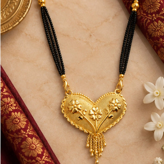 Traditional Gold Mangalsutra with Heart-Shaped Floral Pendant & Black Beaded Chain
