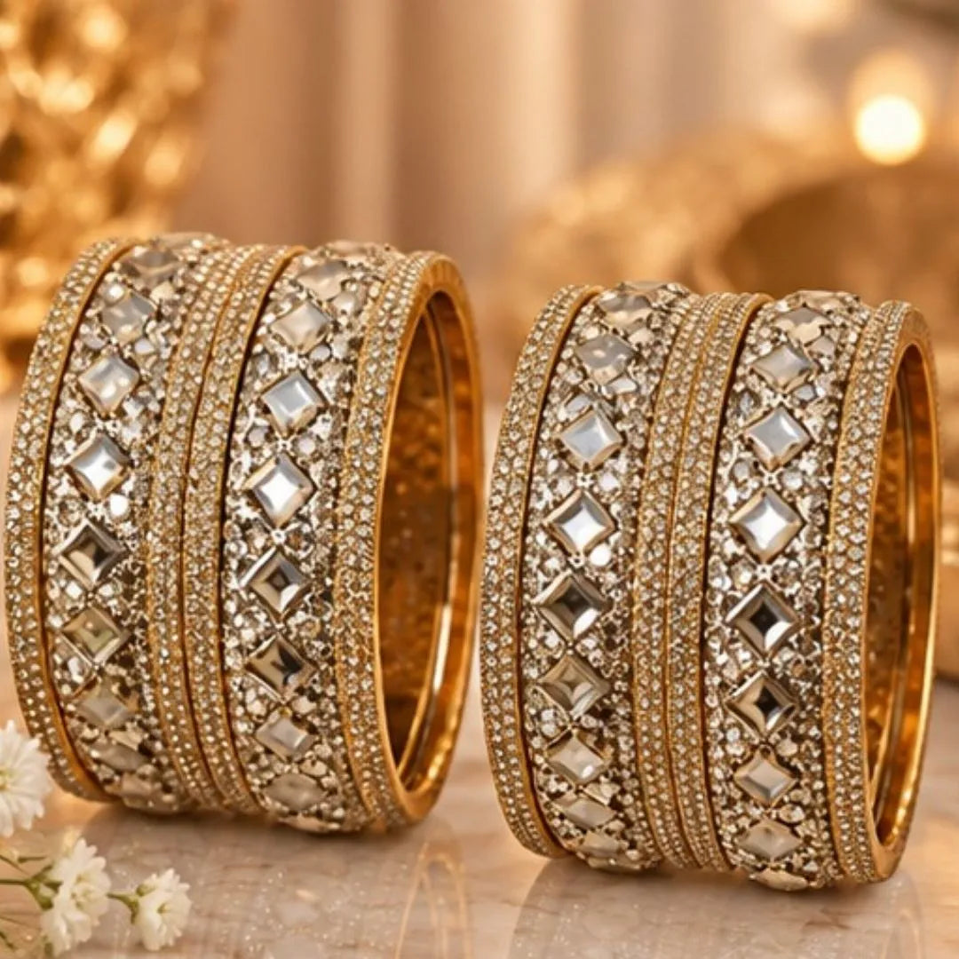 Gold-Tone Mirror Stone Kada Bangle Pair