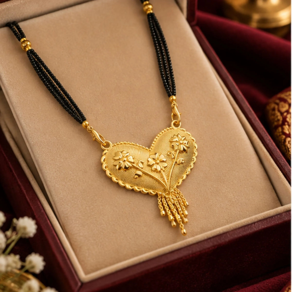 Traditional Gold Mangalsutra with Heart-Shaped Floral Pendant & Black Beaded Chain