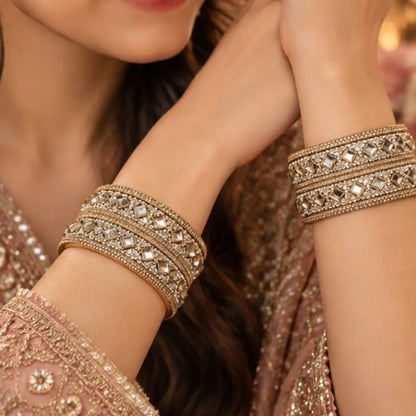 Gold-Tone Mirror Stone Kada Bangle Pair