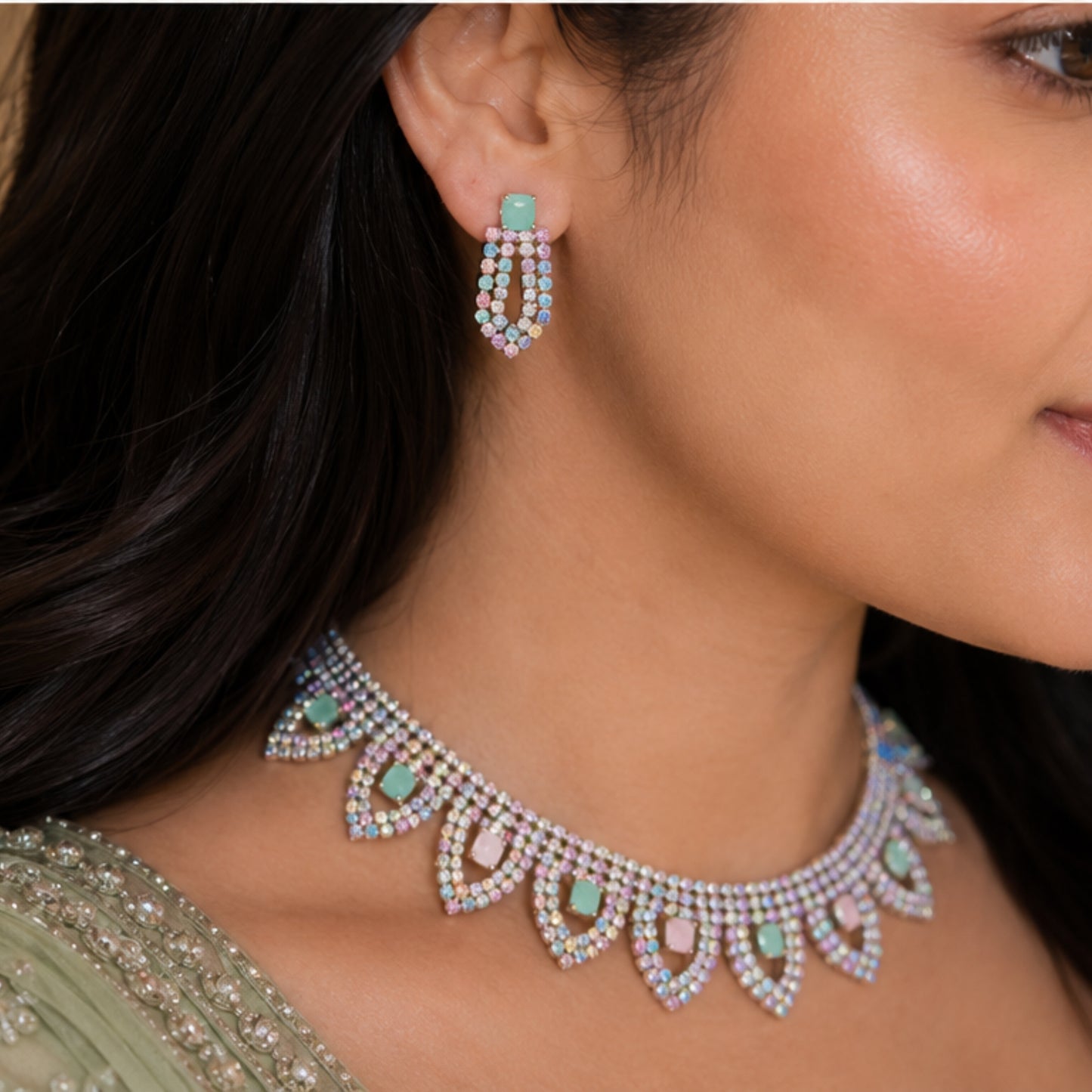 Pastel Sparkle Choker Set with Matching Earrings