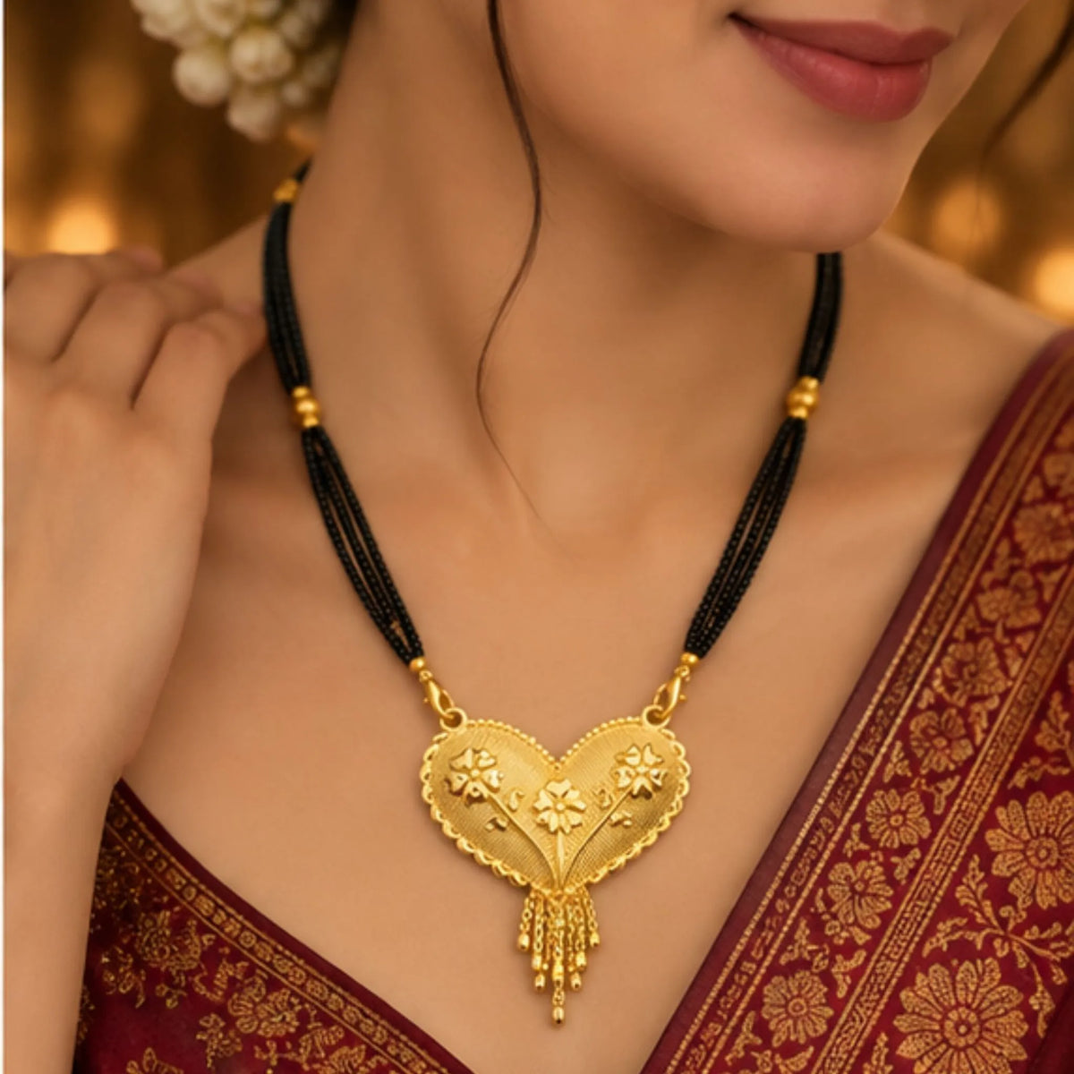 Traditional Gold Mangalsutra with Heart-Shaped Floral Pendant & Black Beaded Chain
