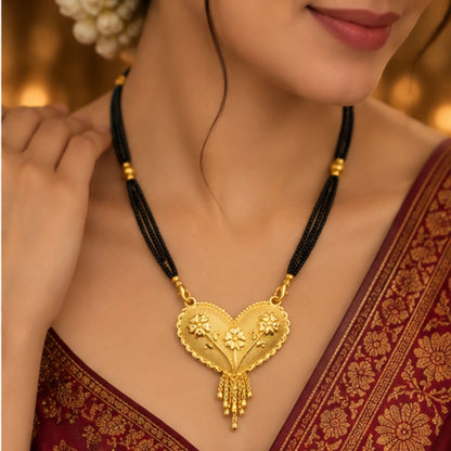 Traditional Gold Mangalsutra with Heart-Shaped Floral Pendant & Black Beaded Chain